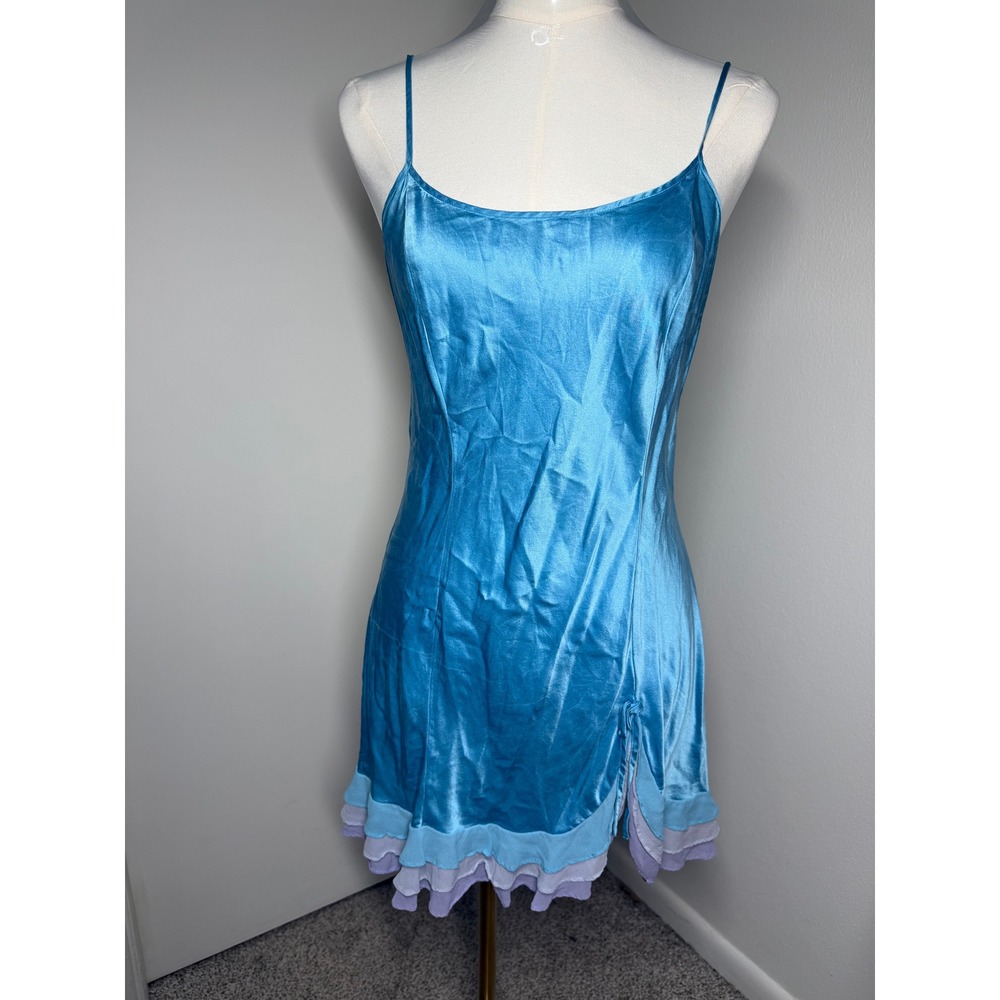 Y2K Victoria's Secret Silk Chiffon Ruffle Blue Bow Mermaid Vintage Slip Dress M - Picture 9 of 10